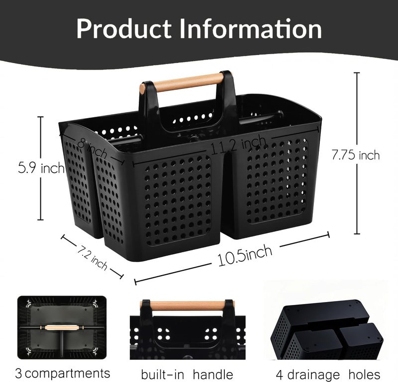 PAKCHOICE Portable Shower Caddy Basket with Compartments, Plastic Divided Cleaning Caddy Organizer Storage Tote with Handle for Bathroom, College, Dorm Room Essentials, Black - Image 2